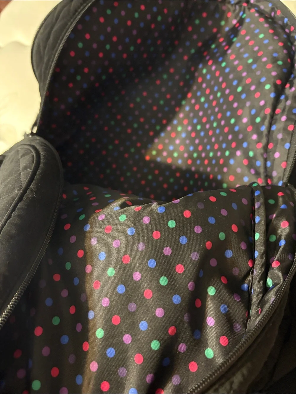 Vera Bradley Black Quilted Backpack with Polka Dot Trim
